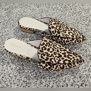Cole Haan Leopard Print Pointed Mules Size 8.5B NWOT Womens Real Calf Fur